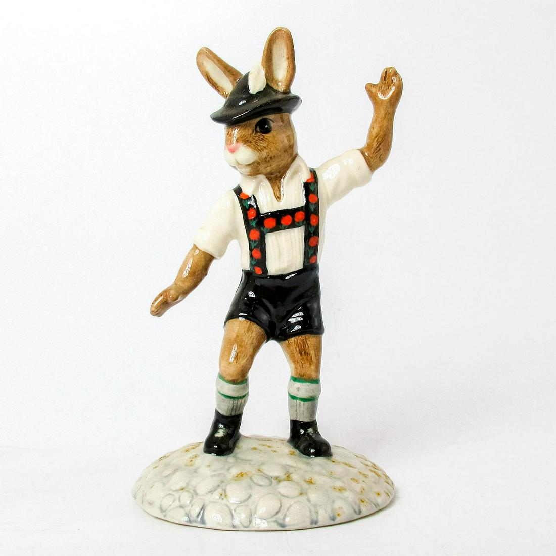Tyrolean Dancer DB242 - Royal Doulton Bunnykins: Royal Doulton Bunnykins, Tyrolean Dancer Bunnykins DB242(white, black and grey coloration). Signed. Royal Doulton backstamp. Artist: Shane Ridge Issued: 2001 - 2001 Dimensions: 4"H Manufacturer: Royal