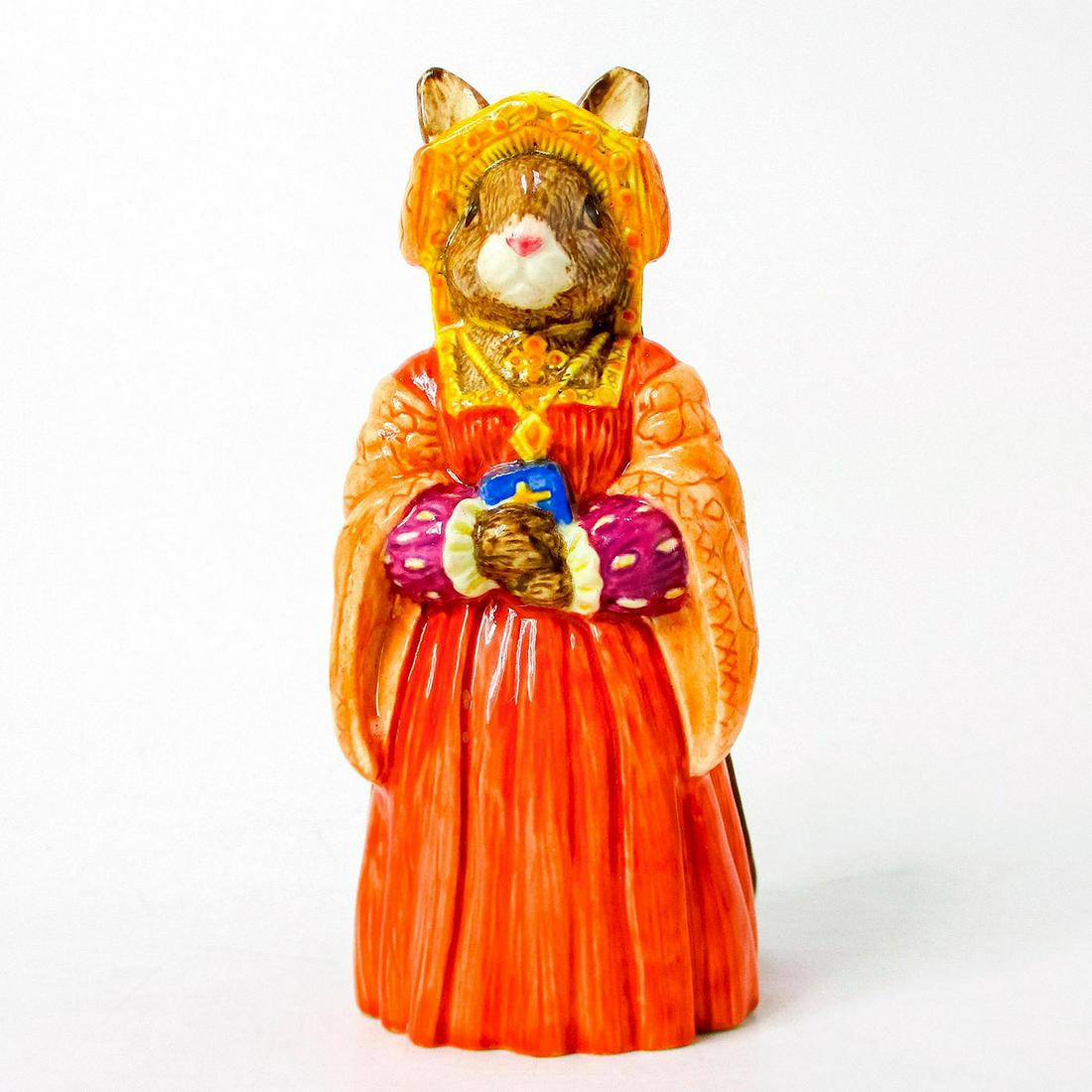 Catherine of Aragon DB306 - Royal Doulton Bunnykins: Red, coral, yellow, brown, and purple coloration. Royal Doulton backstamp. Artist: C. Dadd Issued: 2003 - 2005 Dimensions: 4.25"H Manufacturer: Royal Doulton Country of Origin: England