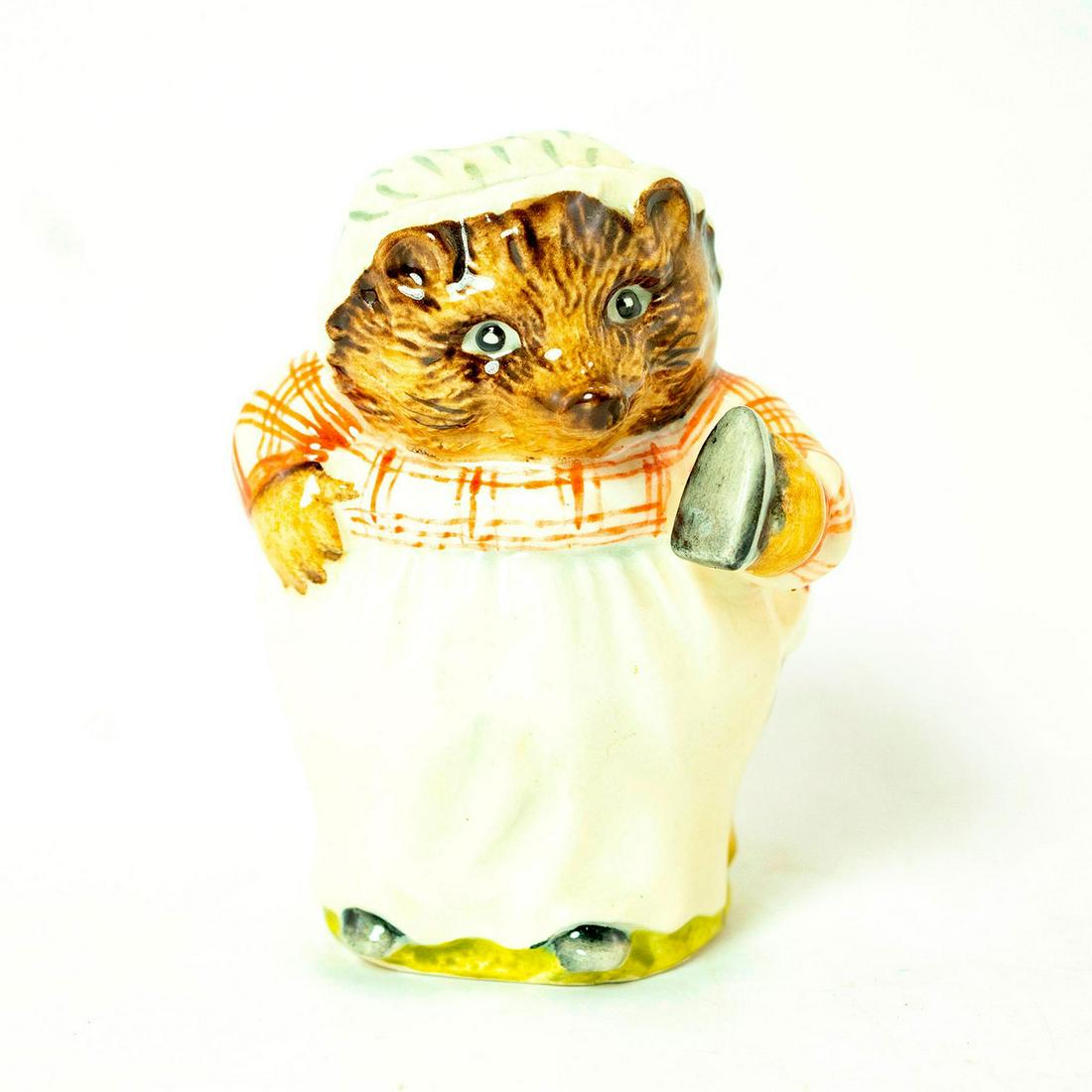 Mrs. Tiggy Winkle, Beswick, Beatrix Potter Figurine: Beswick Backstamp. Plaid striped red- brown and white dress, green and blue striped skirt, white apron. Artist: Arthur Gredington Issued: 1970-2000 Dimensions: 3.25''H Manufacturer: Beswick Country of