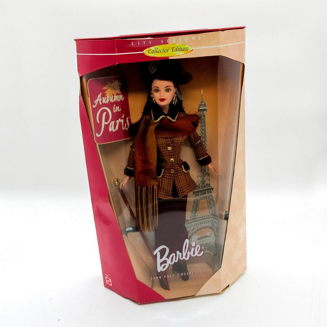Vintage Mattel Barbie Doll, Autumn In Paris: Fall Collection. Elegantly dressed in warm Parisian inspired burgundy golden tones. Collector Edition. City Seasons Collection series. Barbie Collectibles. #19367. In original box, unopened. Dimension