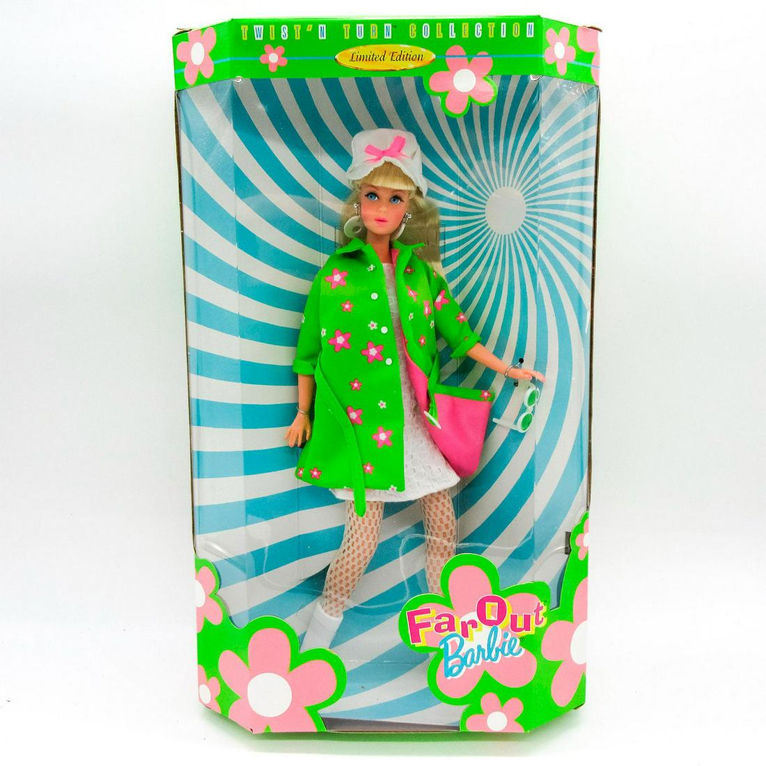 Vintage Mattel Barbie Doll, Far Out: Limited Edition. Part of the Twist 'N Turn Collection. Featured wearing a white dress and green with pink flowers coat. Comes with boots, stand, and sunglasses. Model number: 21911. Comes in unope