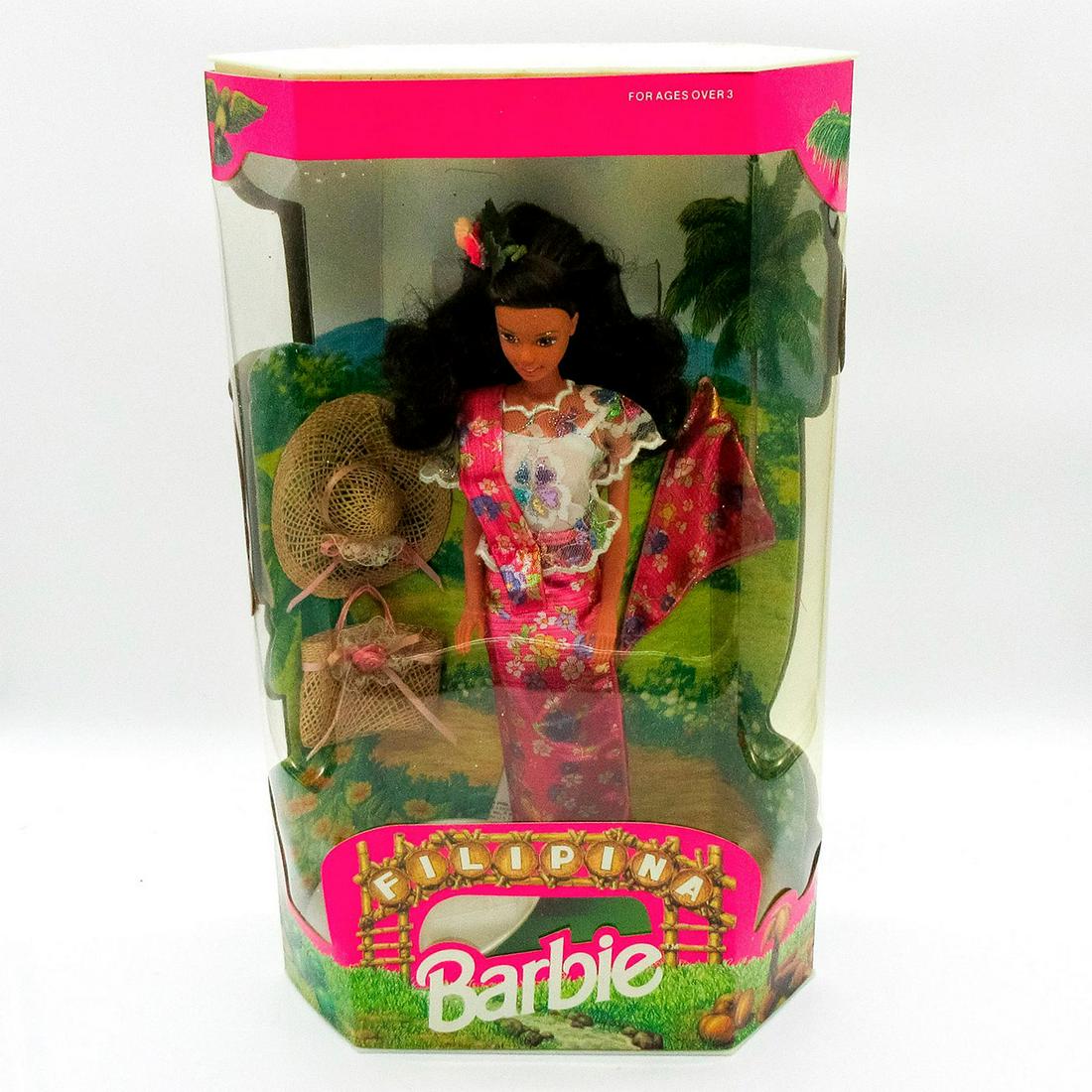Vintage Mattel Barbie Doll, Filipina: Limited Edition. Featuring pretty floral pink silk skirt with wrap; hat and tote with ribbon and lace accents. From Filipina Barbie Collector series. #60481-9901. In original box, unopened. Dimensions