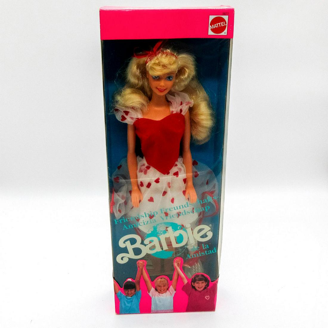 Vintage Mattel Barbie Doll, Friendship: Features white dress with red hearts and four different translations of the word friendship. Vriendschap Barbie de la Amistad #3677. Unopened; still in box. Dimensions of box: 13"L x 2"W x 13&