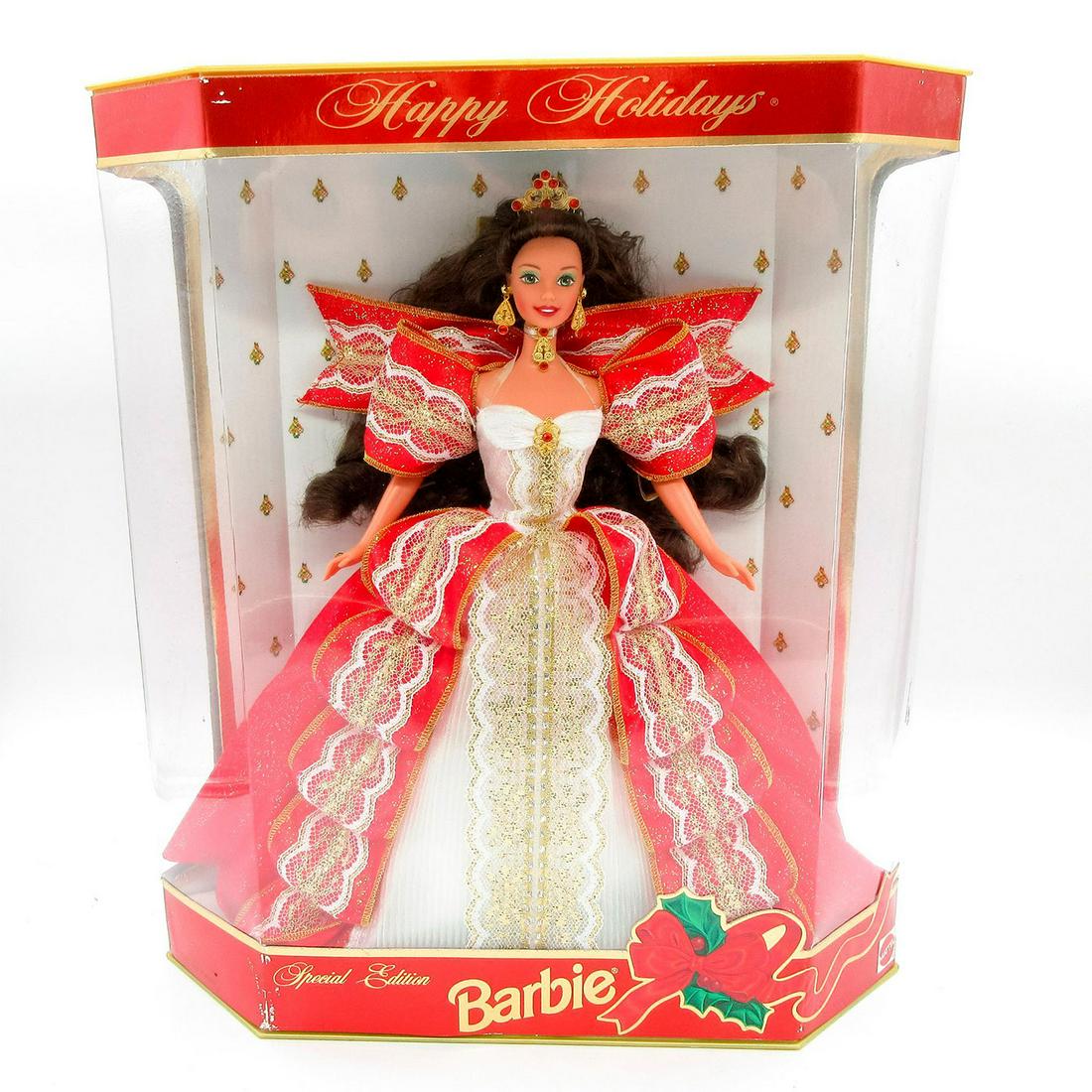 Vintage Mattel Barbie Doll, Happy Holidays 10th Anniversary: Special Edition. Featured wearing a red and white gown with gold accents. Comes with brush, stand, and shoes. Model number: 17832. Comes in unopened original box. Dimensions of box: 12"L x 4.25