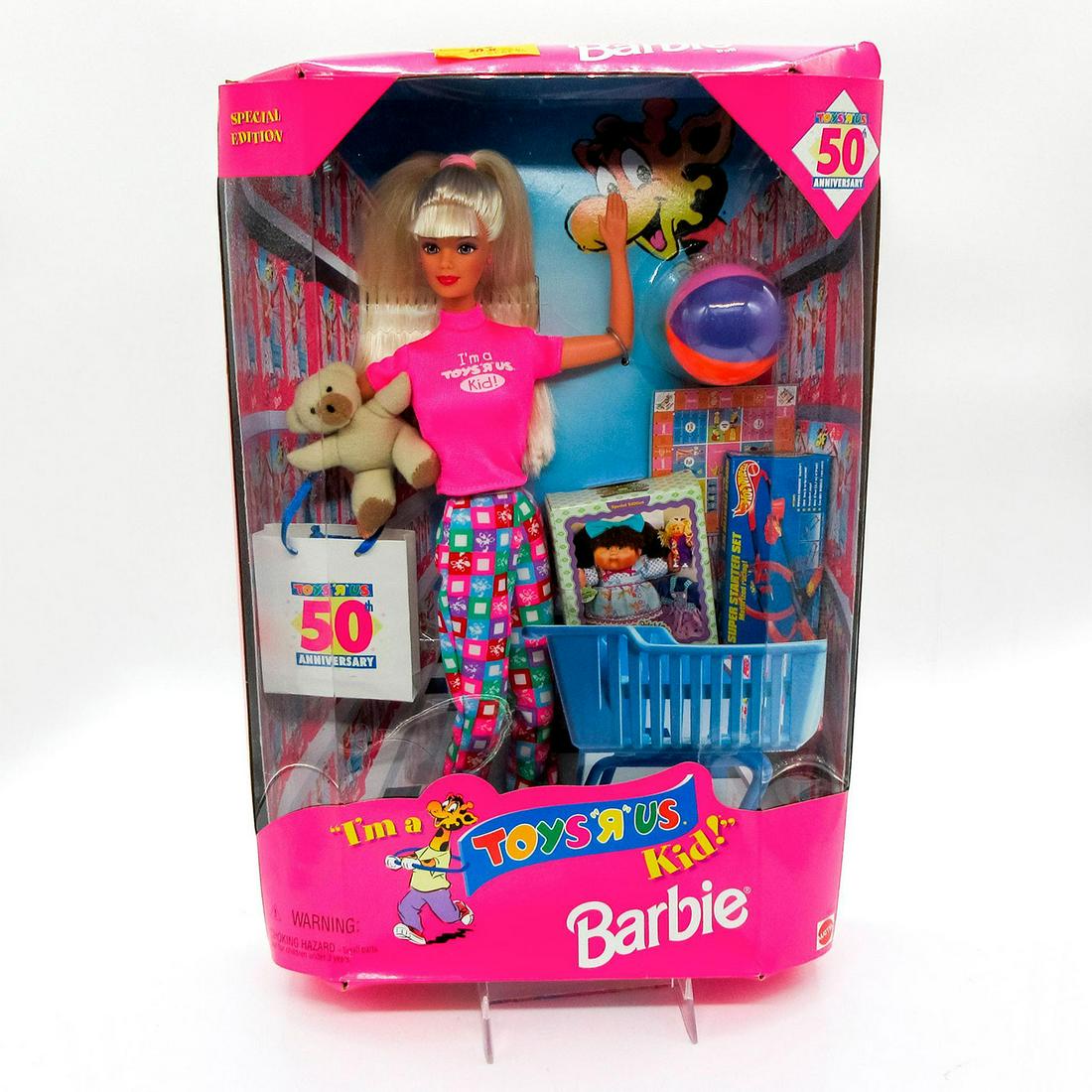 Vintage Mattel Barbie Doll, I'm A Toys R Us Kid!: Toys R Us 50th Anniversary piece featuring a shopping trip. Special Edition #18995. In original box, unopened. Dimensions of box: 14"L x 2"W x 14"H. #toysrus #mattel #Barbie #shopping #toy