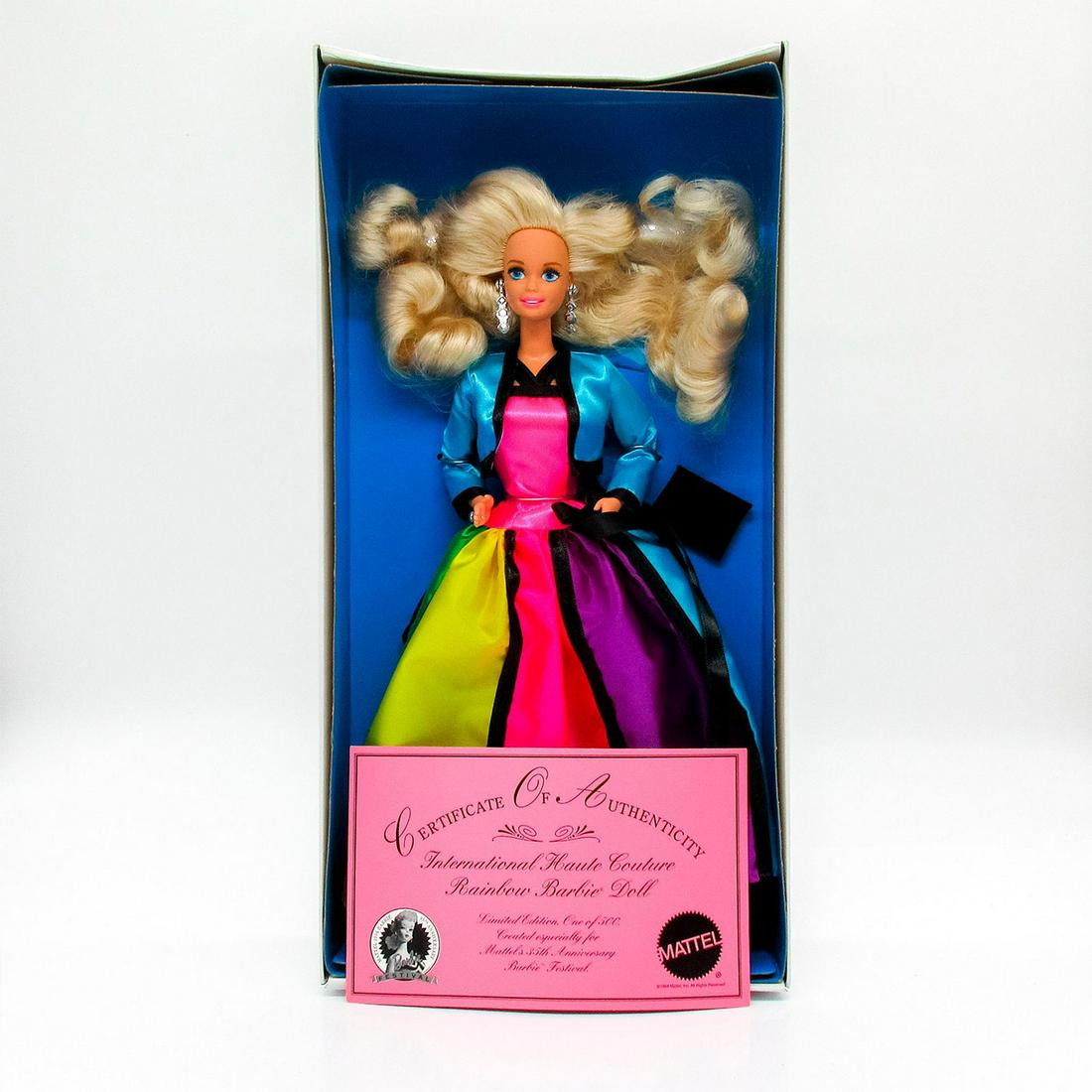 Vintage Mattel Barbie Doll, Rainbow Barbie Doll: Limited edition made for the 35th Anniversary Festival. Features blonde Barbie with block color dress. Comes in original box. 14"L x 7"W x 2.5"H. #Barbie #Mattel #BarbieCollection Issued: