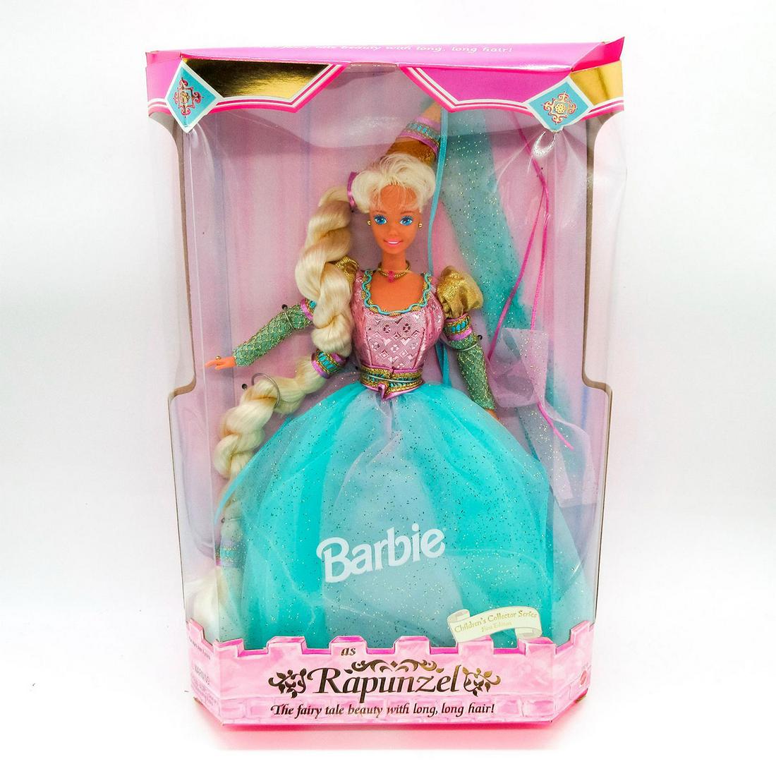 Vintage Mattel Barbie Doll, Rapunzel: Part of the Children's Collector Series. First Edition. Featured wearing a glittery colorful gown and hat with veil. Comes with shoes, detachable braid, stand, and brush. Model number: 13016. Come