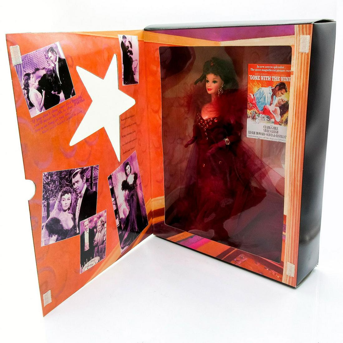 Vintage Mattel Barbie Doll, Scarlett O'Hara: Hollywood Legends Collection. Features magnificent burgundy velvet gown with long train and feather accents. #12815. In original box, unopened. Dimensions of box: 14"L x 3"W x 14"H. #gone 