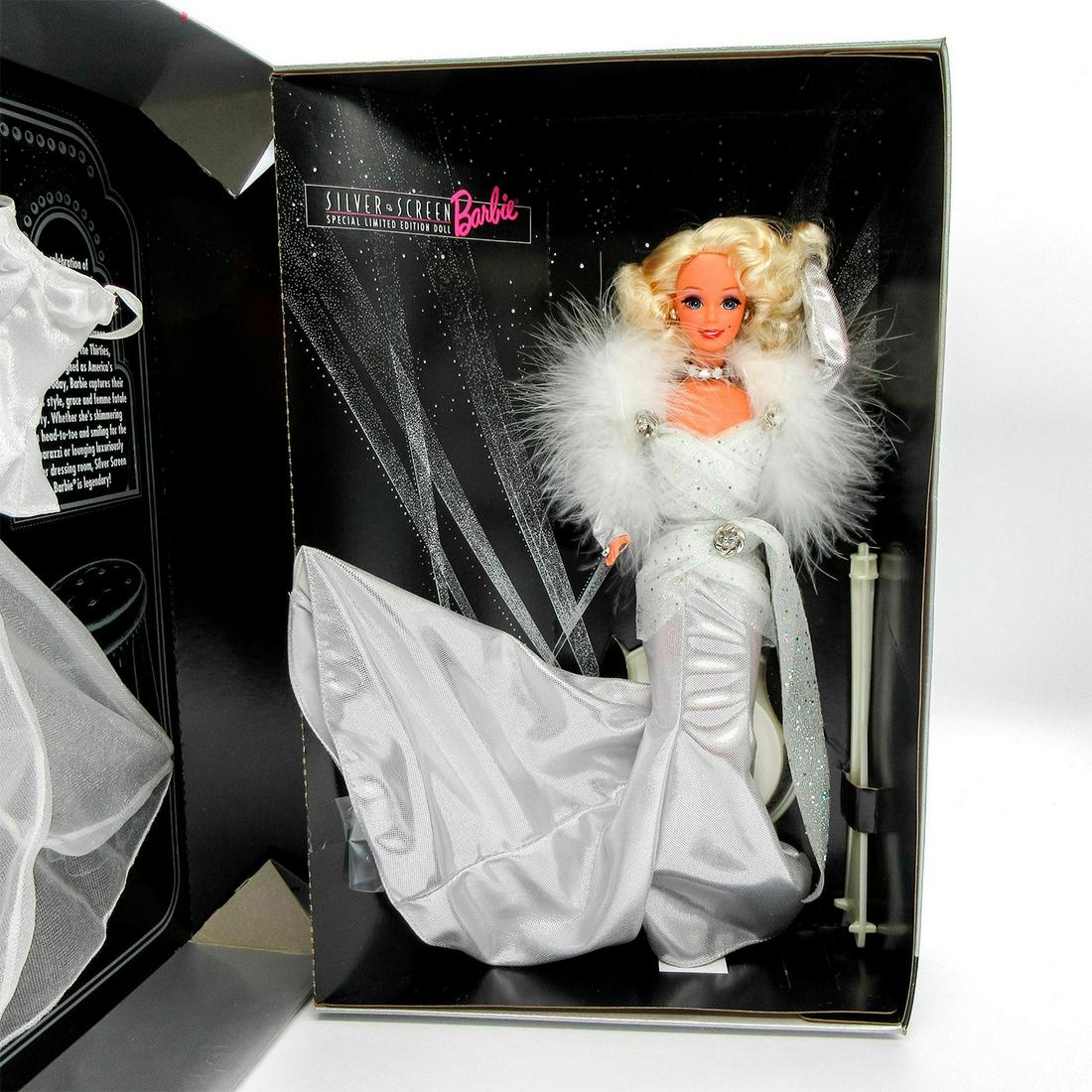 Vintage Mattel Barbie Doll, Silver Screen: Special Limited Edition. #11652. In original box. Dimensions of box: 9.25"L x 3"W x 14"H. #Barbie #Mattel Issued: 1993 Dimensions: 11.5" H Manufacturer: Mattel Country of Origin: Malaysia