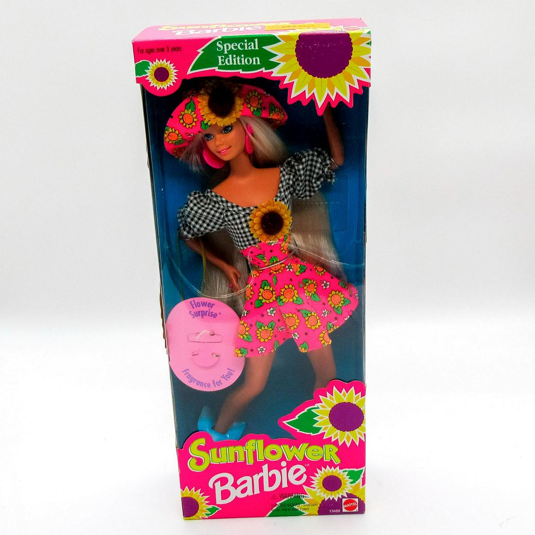 Vintage Mattel Barbie Doll, Sunflower: Featuring vibrant floral print dress and floral themed hat. Special Edition. #13488. In original box, unopened. Dimensions of box: 13"L x 2.5"W x 13"H. #Barbie #sunflower #specialedition #