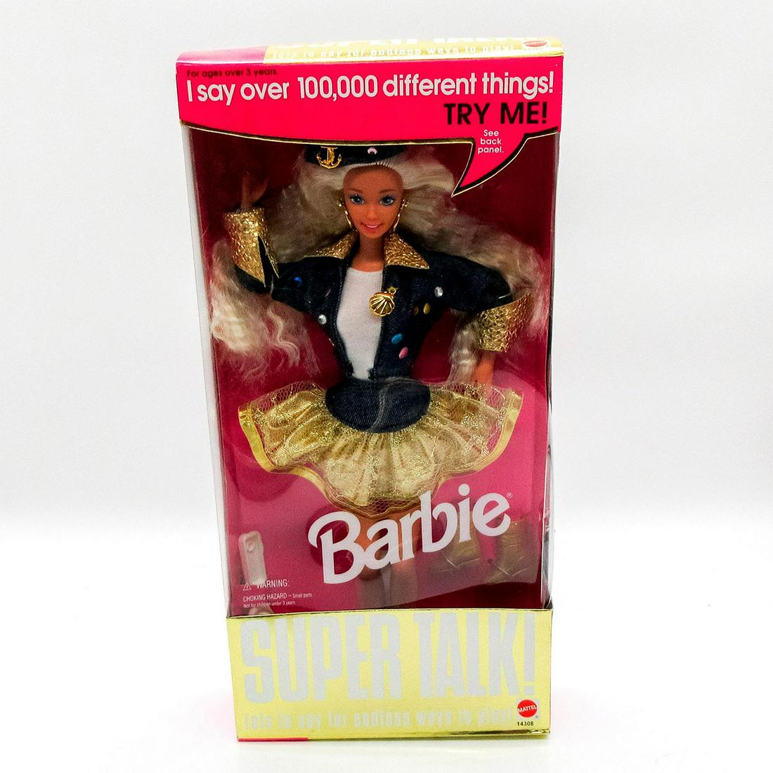 Vintage Mattel Barbie Doll, Super Talk: Features denim and gold skirt with jean jacket and denim hat. Includes special technology to mix and match words and phrases. #14308. In original box, unopened. Dimensions of box: 13"L x 2.5"W
