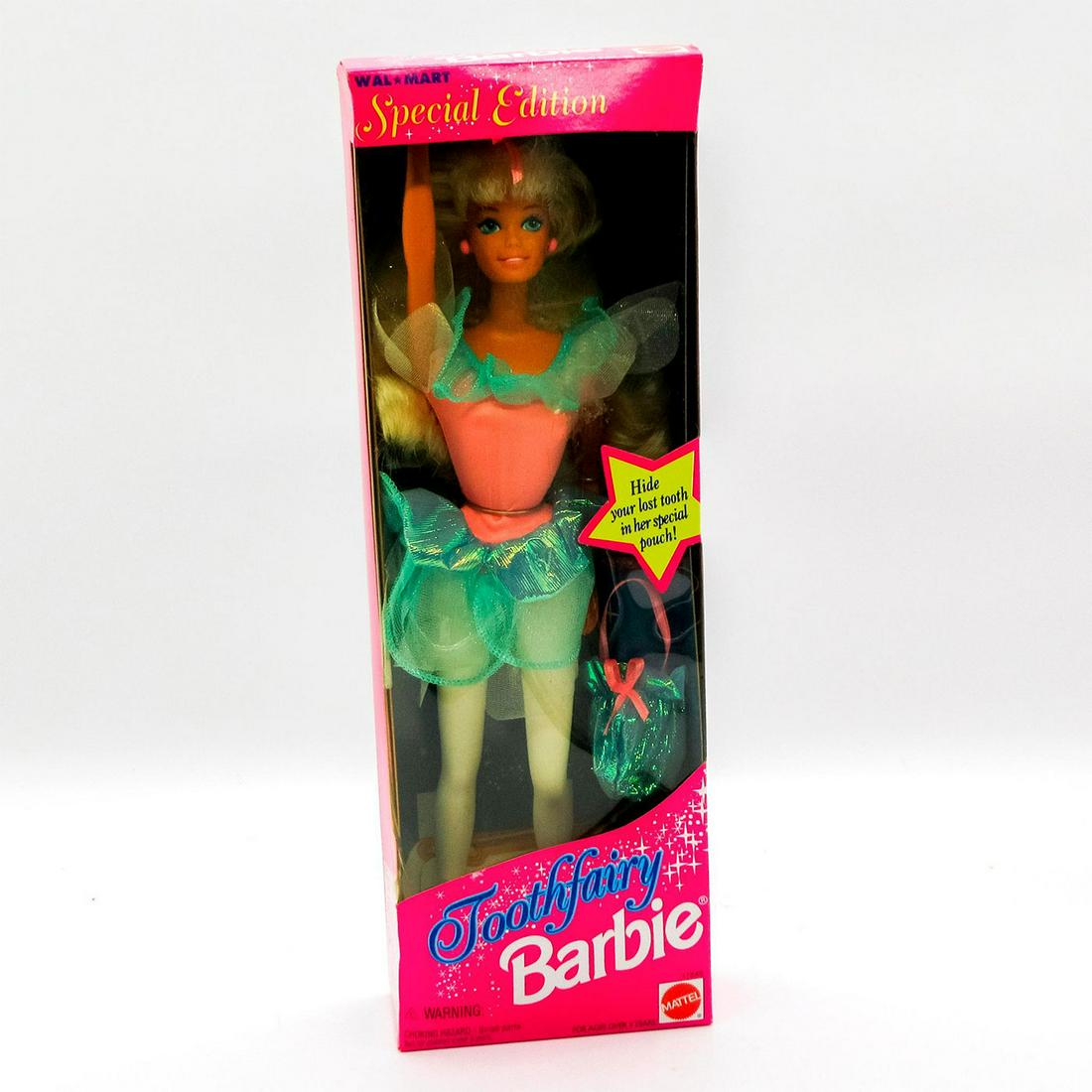 Vintage Mattel Barbie Doll, Toothfairy: Walmart Exclusive. Special Edition. Features pink and blue tutu outfit with wings. #11645. Still in original box, unopened. Dimensions of box: 13"L x 2"W x 13"H. #tooth #fairy #Barbie #mat
