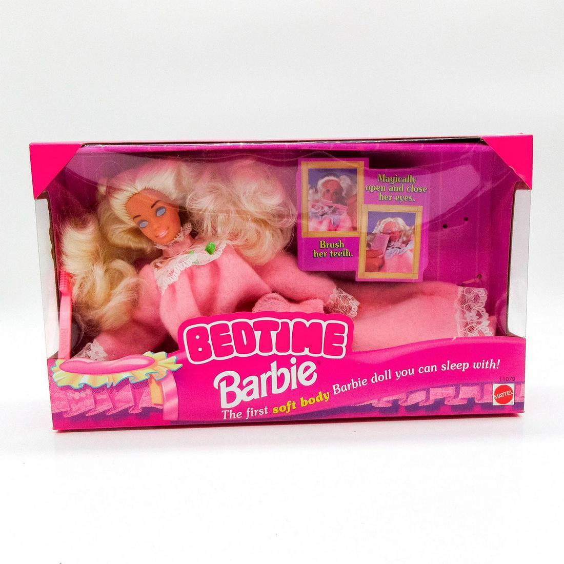 Vintage Mattel Doll, Bedtime Barbie: Includes original box, unopened. #11079. Dimensions of box: 11"L x 10"W x 3"H. #Barbie #Mattel Issued: 1993 Dimensions: 11.5" H Manufacturer: Mattel Country of Origin: China