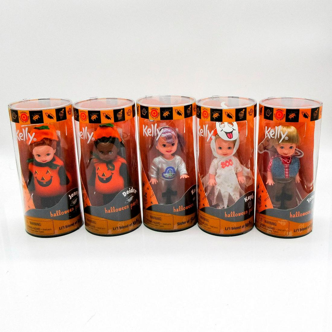 5pc Vintage Mattel Li'l Friend of Kelly Dolls, Halloween: Includes: Surprise Deidre #28310, Howdy Tommy #28309, Boo Kayla #28307, Surprise Jenny #28308, Ooh Kelly #28306. In original boxes, unopened. Dimensions of boxes: 6"L x 3"W x 3"H. #Barbie 