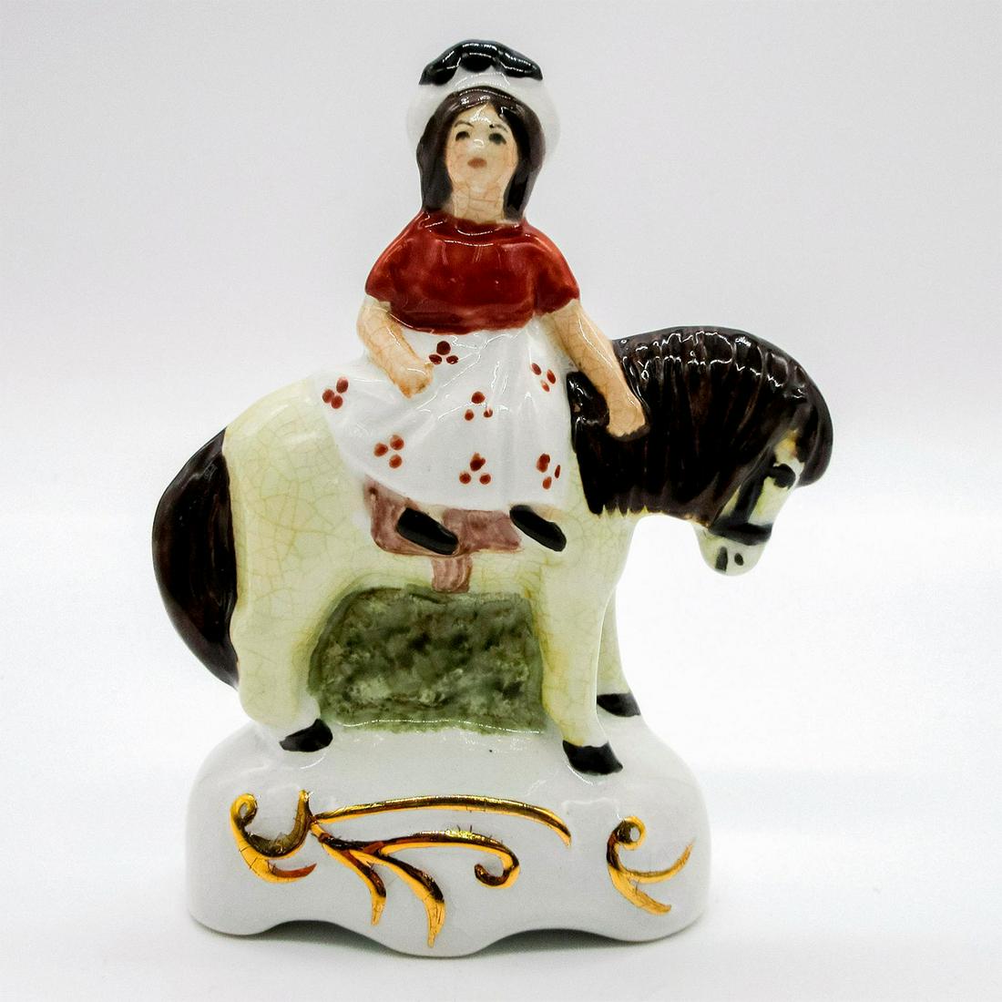 Royal Stratford Staffordshire Miniature Figurine: Handmade and painted porcelain figurine of woman on horse with gold accents upon the base, Royal Stratford backstamp and artist's initials marked on bottom base. #figurine #porcelain Artist: BF Is