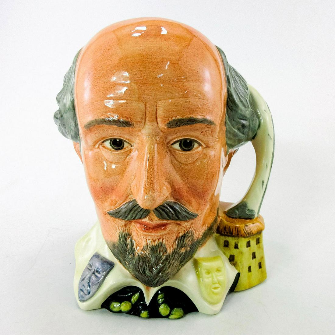 Shakespeare (Inkwell Handle) D6689 - Large - Royal Doulton Character Jug: White, grey and yellow coloration. Shakespeare (1564 - 1616) was born in Stratford-upon-Avon. Immensely successful as a playwright, director, poet, and actor, Shakespeare was said to have been quite w