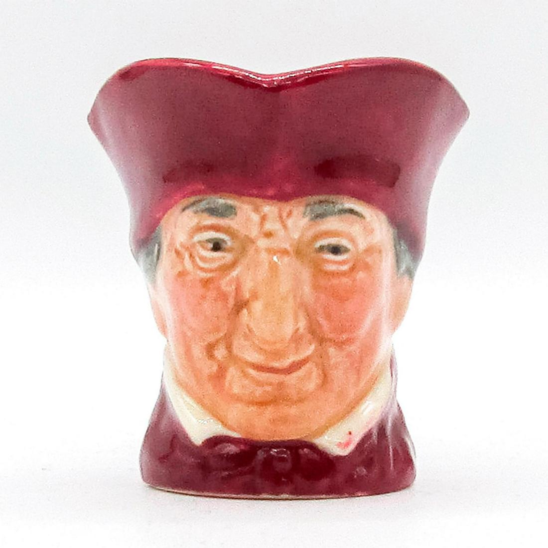 Cardinal D6129 - Mini - Royal Doulton Character Jug: Scarlet robes; purple handle. This jug has minor color variations in the hair. The earliest jugs had brown hair, and later jugs either grey or white hair. This jug was produced with and without pink h