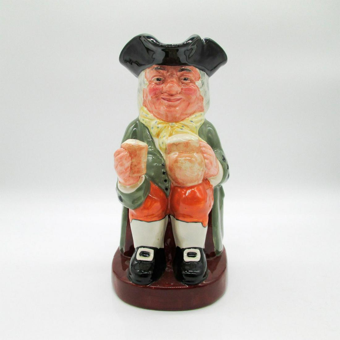 Happy John D6031 Large - Royal Doulton Toby Jug: Black hat; light green coat; yellow scarf with blue polka dots; orange breeches. Royal Doulton backstamp. Signed by Michael Doulton. English (UK) Heritage series. Artist: Harry Fenton Issued: 1939 -19