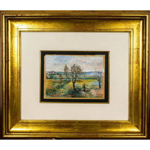 Paul Emile Pissarro (French 1884-1972) Signed, Pastel: Title; Le Petit Village; original pastel drawing on paper. Signed lower left. Certificate Of Authenticity attached on verso. Housed in gold wooden frame with clear cover. Artist information sheets on