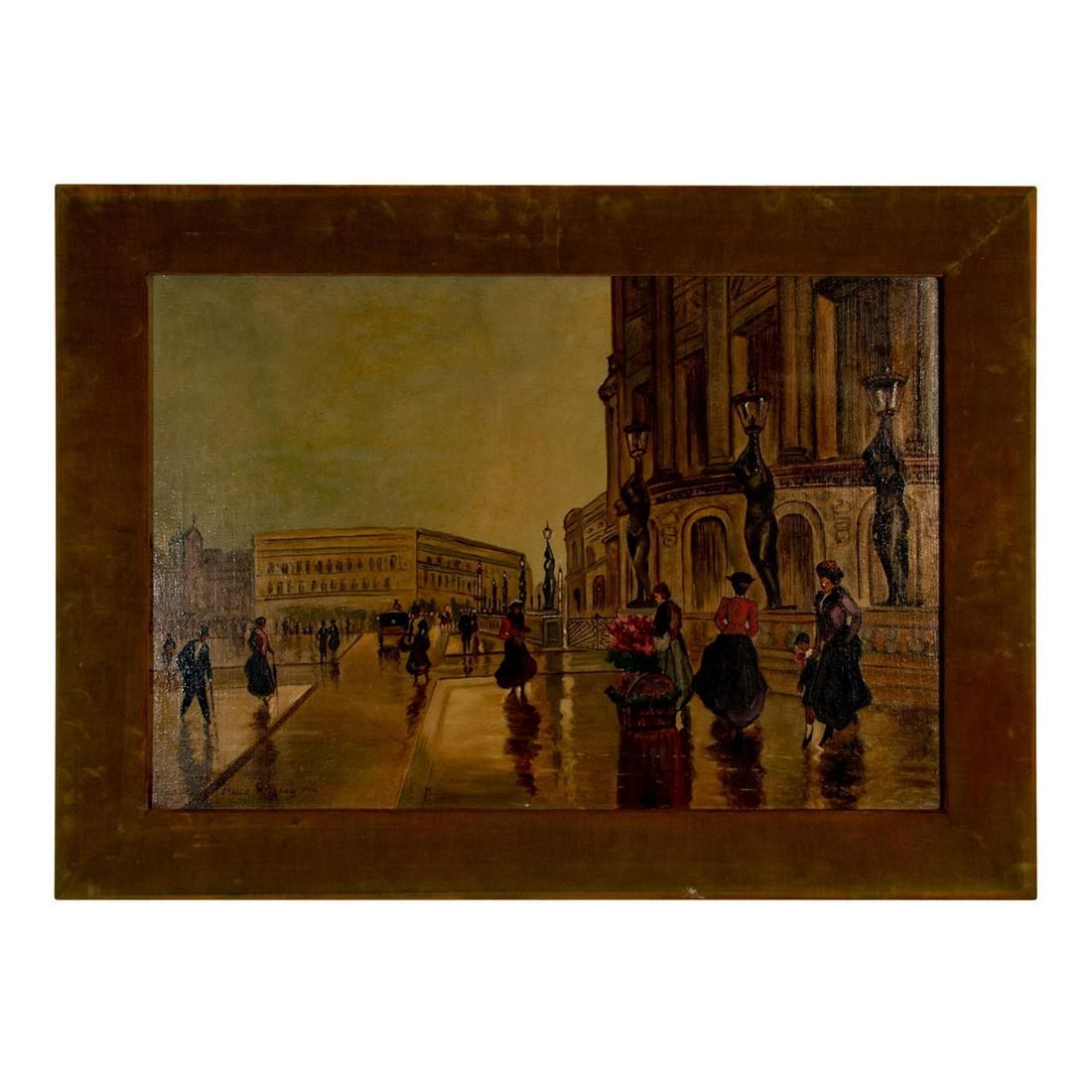 Franco Ruocco (Italian, 20th Century) Oil Painting on Canvas: Parisian street view. Signed lower left. Measures 28" x 20.5" including frame, 23" x 15" image only. #Art #Paintings This lot has no reserve. Artist: Franco Ruocco Issued: 20th c.