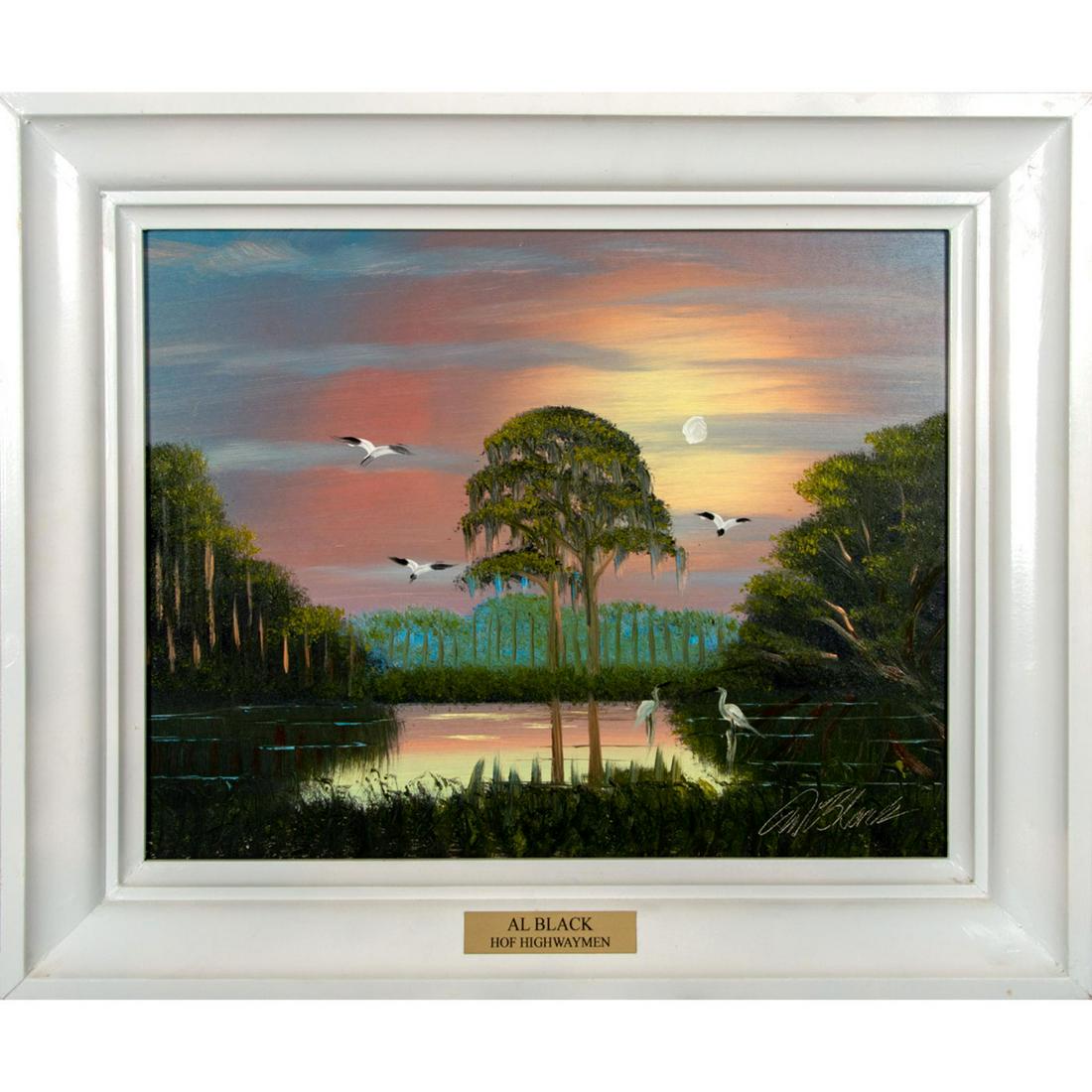 Al Black, Florida Highwaymen Painting, Wetlands: Al Black (American b.1947 ), oil on board, signed bottom right, artist plaque on center bottom, in a white wooden frame. A gorgeous painting of the Wetland Cypress sunrise scene. Frame size: 25.25"W x