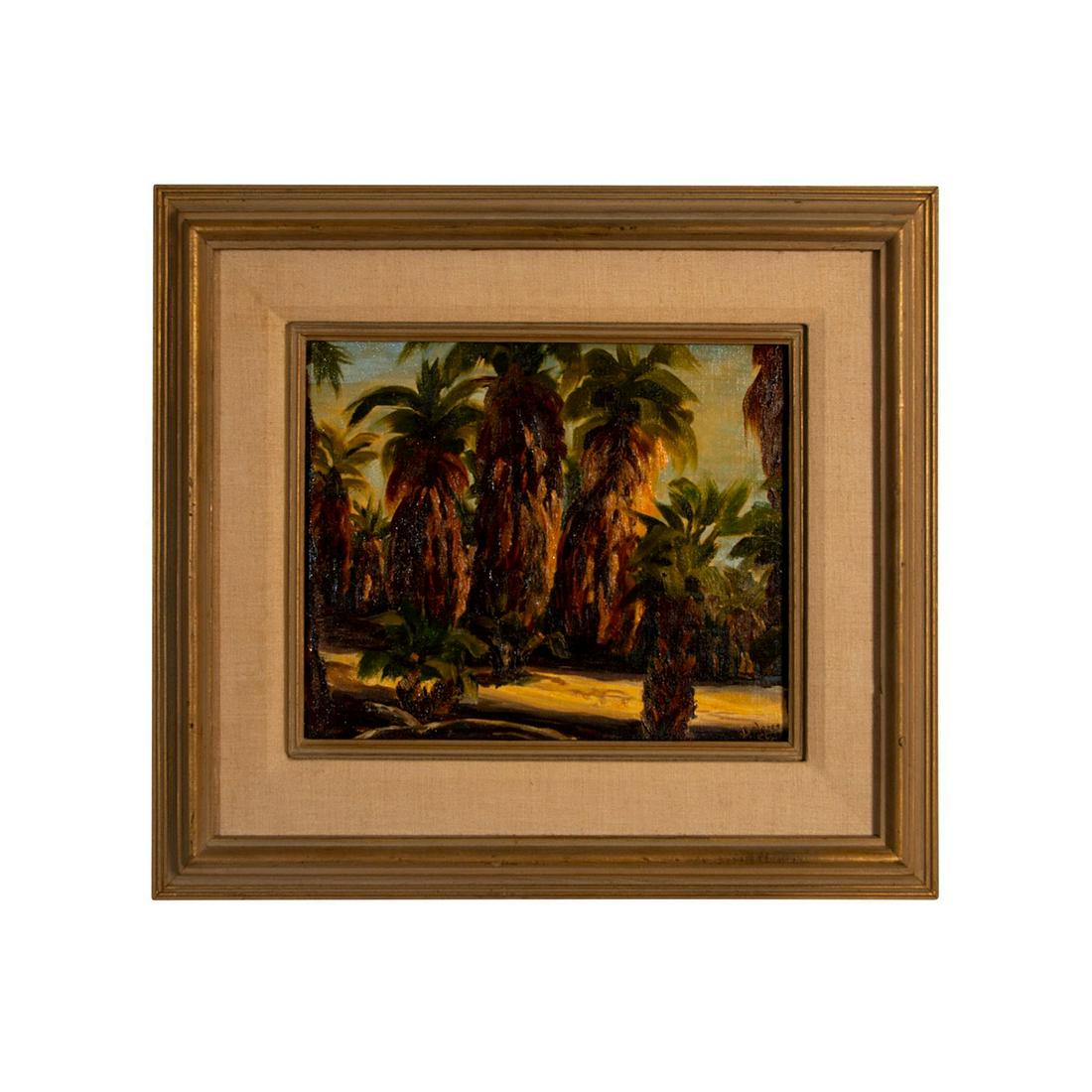 Fred Doloresco (American, b. 1949) Oil Painting Landscape: Palm trees on canvasboard. Signed lower right. Measures 22" x 19" including frame, 13.5" x 10.5" image only. #Art #Paintings This lot has no reserve. Artist: Fred Doloresco Issued: 20th c.
