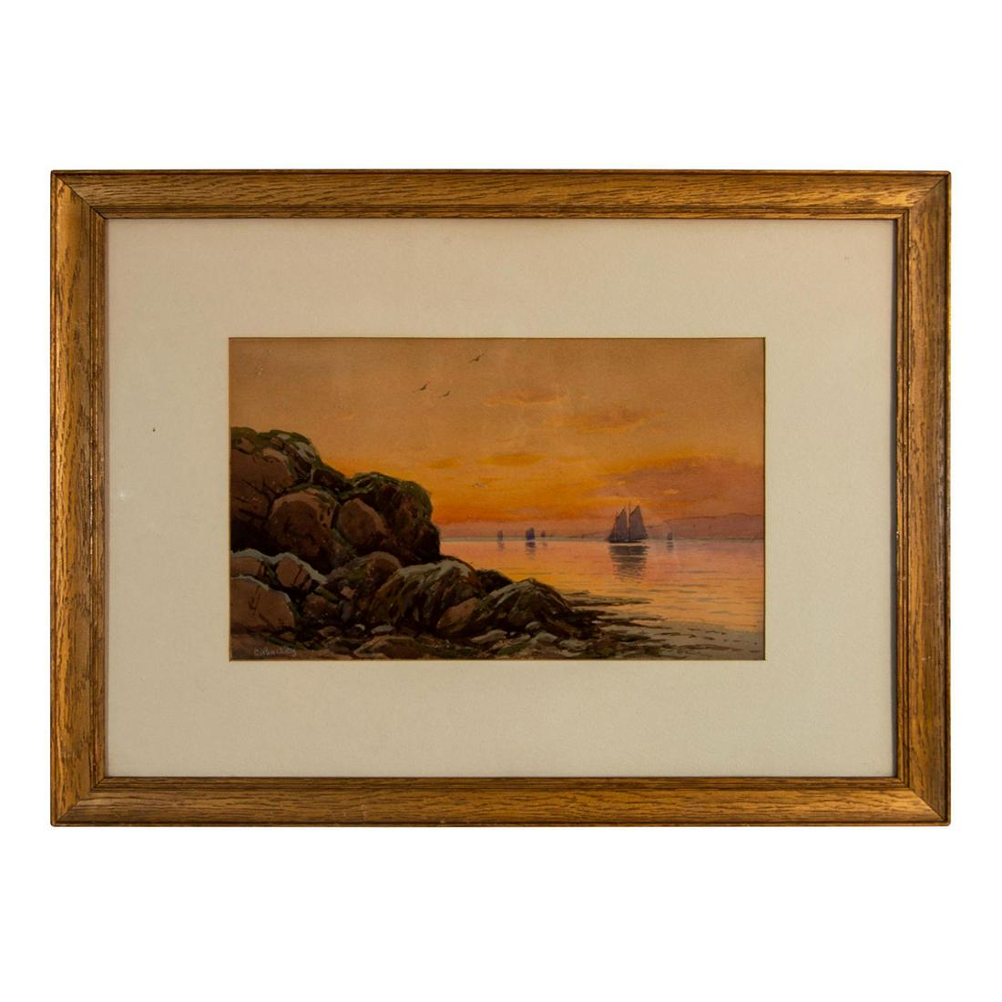 William Frederick Paskell aka Bailey (American, 1866-1951) Watercolor Painting: Seascape with boats. Signed lower left. Measures 24.5" x 19.5" including frame, 15" x 10" image only. #Art #Paintings This lot has no reserve. Artist: William Frederick Paskell aka Bailey Issued: 20th