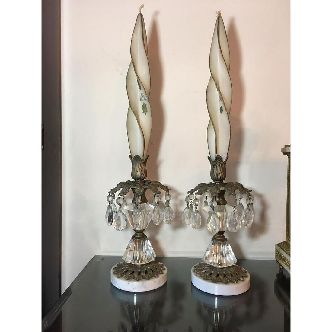 Pair of Mid Century Italian Crystal & Gilded Brass Candleholders on Marble Bases (1 of 9)