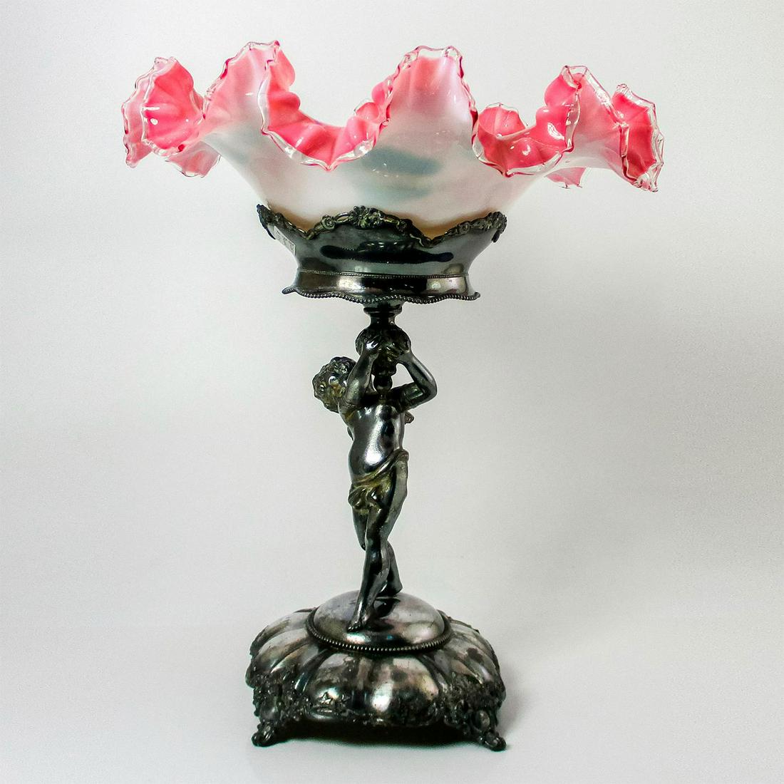 2pc Vintage American Fenton Glass Bowl Vase w Silver Stand (1 of 8)