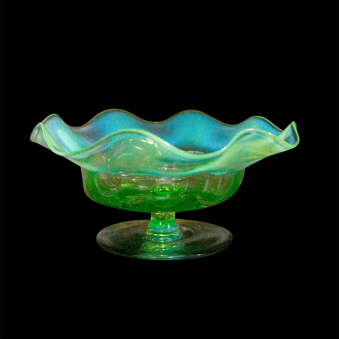 Vintage Fenton Vaseline Green Opalescent Glass Footed Bowl (1 of 3)
