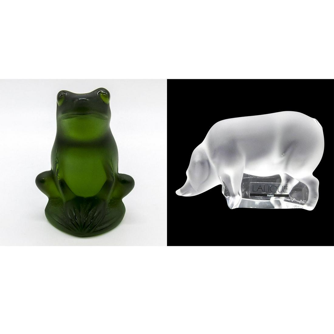 2pc Lalique Miniature Glass Animal Figurines: Includes emerald-green seated frog, and frosted white 'Cochon' pig. Lalique France etched signatures and sticker. Frog: 1.75"L x 1.5"W x 2"H. Pig: 4"L x 1.25"W x 2"H. #Lalique #CrystalGlass #Figurine 