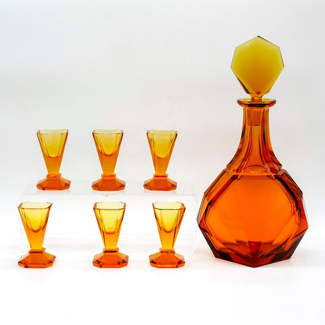 7pc Vintage Art Deco Amber Glass Liqueur Set (1 of 3)
