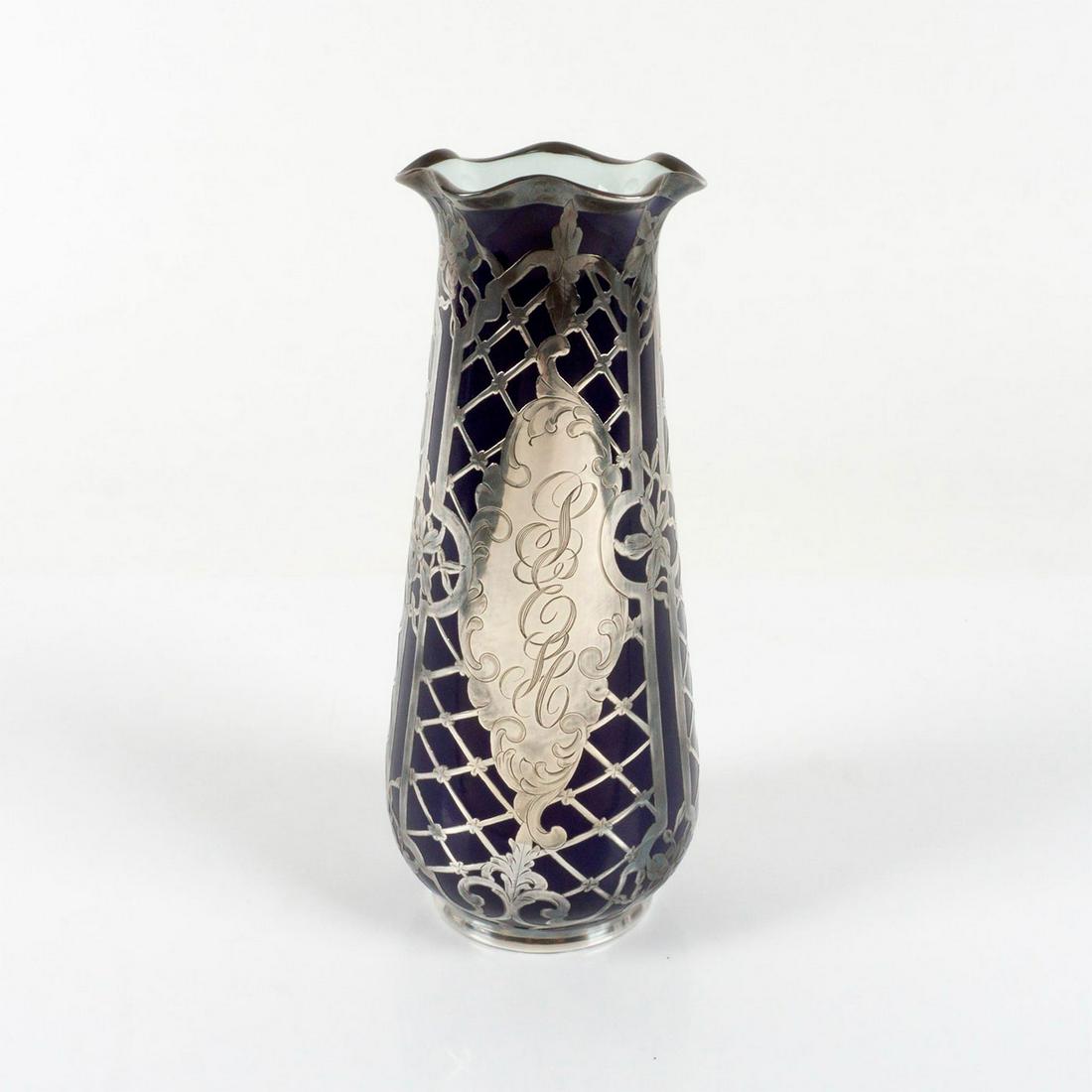 Antique Art Nouveau Sterling Silver Overlay Cobalt Blue Porcelain Vase (1 of 11)