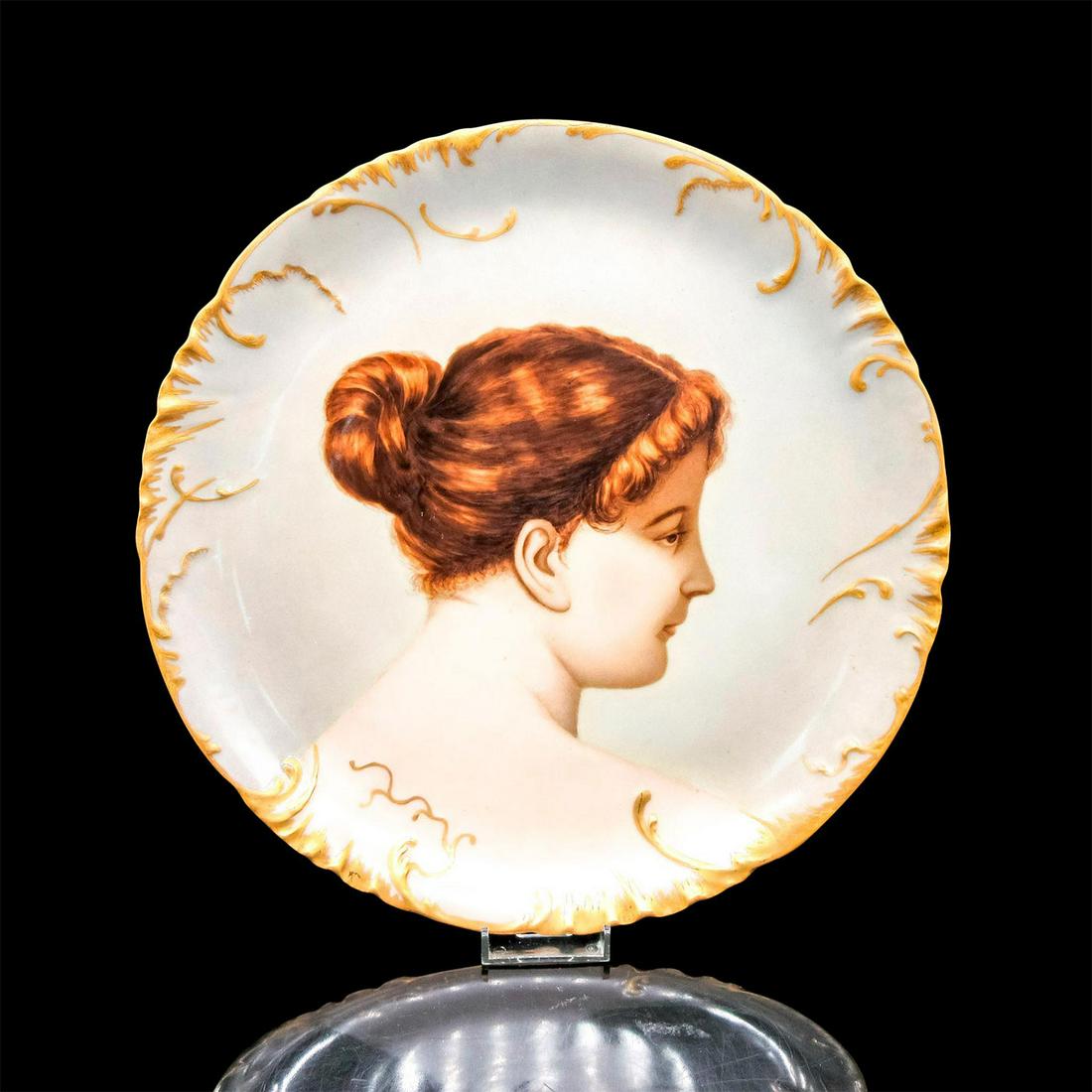 Antique H&C Haviland Portrait Charger: Hand-painted decorative plate with a profile portrait of a lady; gold tone rim accents. H&Co France backstamp. Signed H.J.G 1893. This lot has no reserve. Issued: 20th c. Dimensions: 12.5" Diameter Ma
