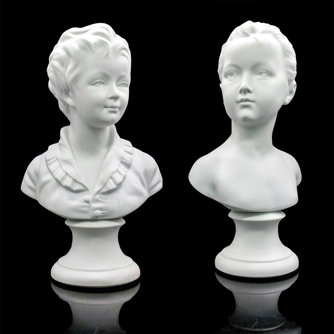 Pair of Limoges Porcelain Busts Louise & Alexandre Brongniart: Designed by Jean-Antoine Houdon (French, 1741-1828). Each bust bears signatures of Houdon, Camille Tharaud (French, 1878-1956) and Limoges, France mark. Louise and Alexandre were the children of Alexa