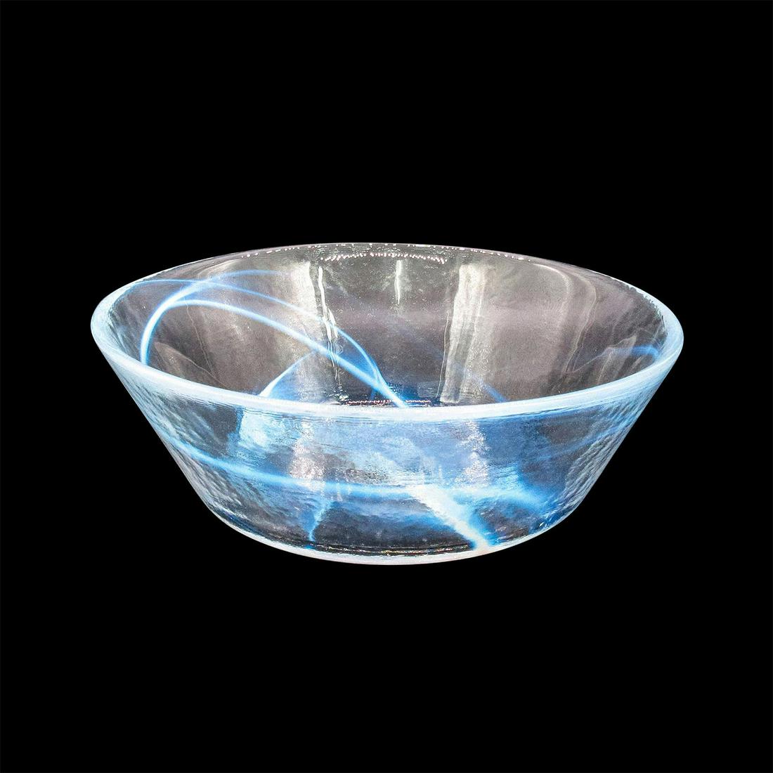 Kosta Boda Glass Bowl, Mine! White: Large serving or fruit bowl with blue-white swirl design. Exterior has a lightly hammered texture. From the Mine! collection. Artist fish insignia stamped to base. Kosta Boda tags. Original box includ