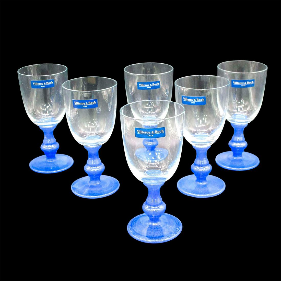 6pc Villeroy & Boch Clear & Blue Crystal Glasses Goblets: Isabelle Blue Pattern. Etched Villeroy & Boch mark. Come with original box. #Glass #Dinnerware Issued: 20th c. Dimensions: 6.25" H x 3 Manufacturer: Villeroy & Boch Country of Origin: Germany