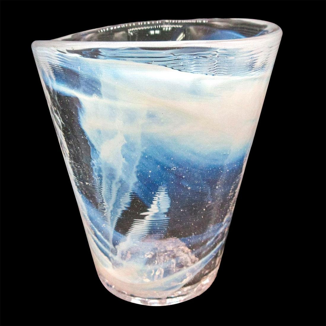 Kosta Boda Cup, Mine! White: Thick glass multipurpose cup with white swirl design. Exterior has a lightly hammered texture. From the Mine! collection. Artist fish insignia stamped to base. Original box included. Box dimensions: 5