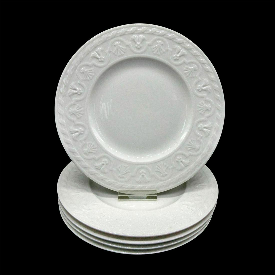 5pc Villeroy and Boch, Cellini Bread and Butter Plates: White fine china serveware; glossy finish, embossed rim. Villeroy & Boch backstamp. Comes with original box; size - 3.5"H x 7"W. Issued: 2001 Dimensions: 0.5" H x 7" Diameter Manufacturer: Villeroy &
