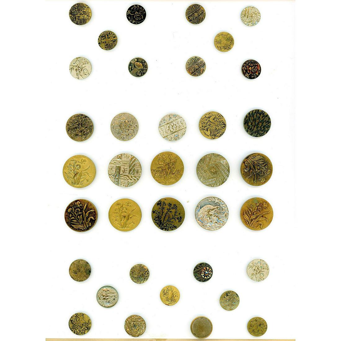 3 Cards of Division One French Tight Buttons: Over 100 S/M 19th century metal Paris Back buttons. WOW!!! What more should we say about this fantastic assortment of 19th century French Tight Paris backed buttons except WOW!!! Many pictorials. Issu