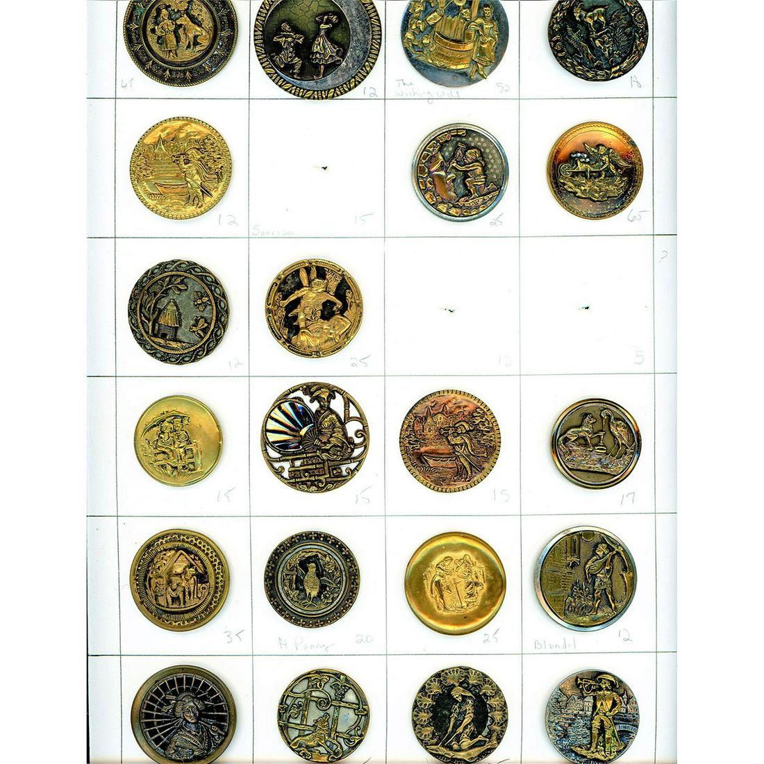 A Card of Assorted Div. 1 Metal Picture Buttons: 22 Large 19th century assorted picture buttons. This card includes several scarce picture buttons including "Red Riding Hood", and "Tobias Riding the Fish". Nice card. We apologize for the picture bei