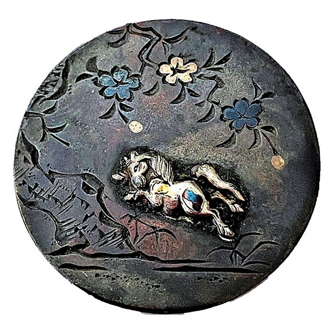 1 of The Rarest Buttons In The Auction-A Special Horse: 1 Large 19th C. Japanese metal works button depicting a horse. The Japanese were masters at creating works of art like this pair rare button example. This is a magnificent engraved and silver design o