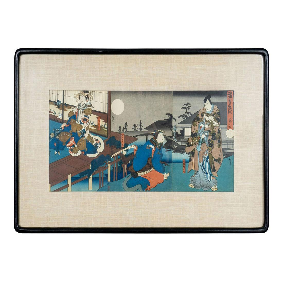 Utagawa Hirosada (Japanese, 1810-1864) Triptych Woodblock: Osaka school. Inazumazoshi #7. Atale of Thunder, Scroll. Left: Katsuragi. Middle: Ontani. Right: Chuma Fuwa. Gilbert Luber Gallery label attached to verso. Measures 29" x 17.5" including frame