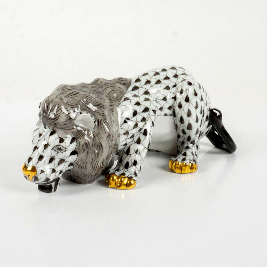 Rare Herend Porcelain Black Figurine, Fishnet Drinking Lion (1 of 5)