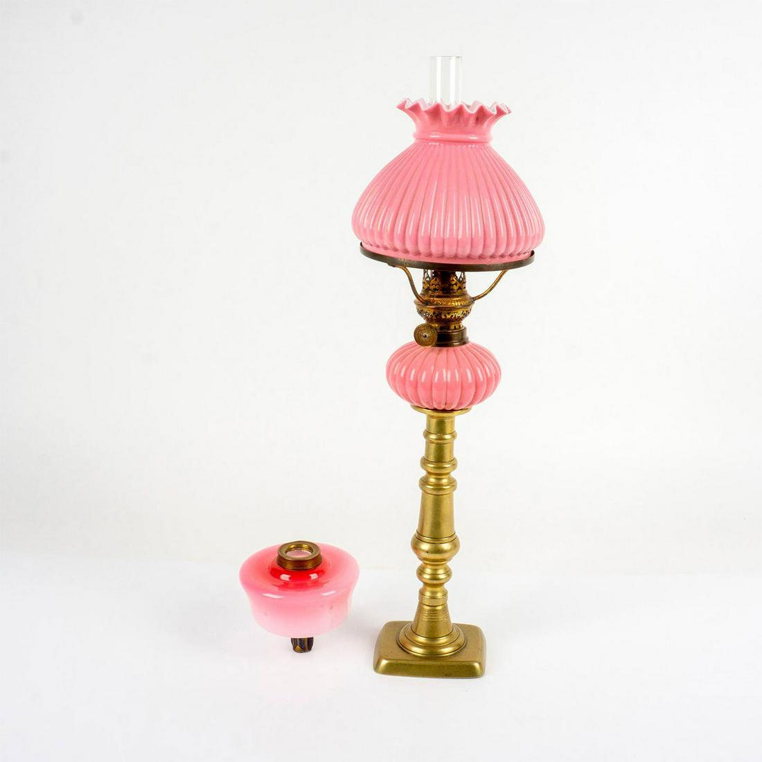 Antique Pink Art Glass Peg Oil Lamp with Shade (1 of 3)
