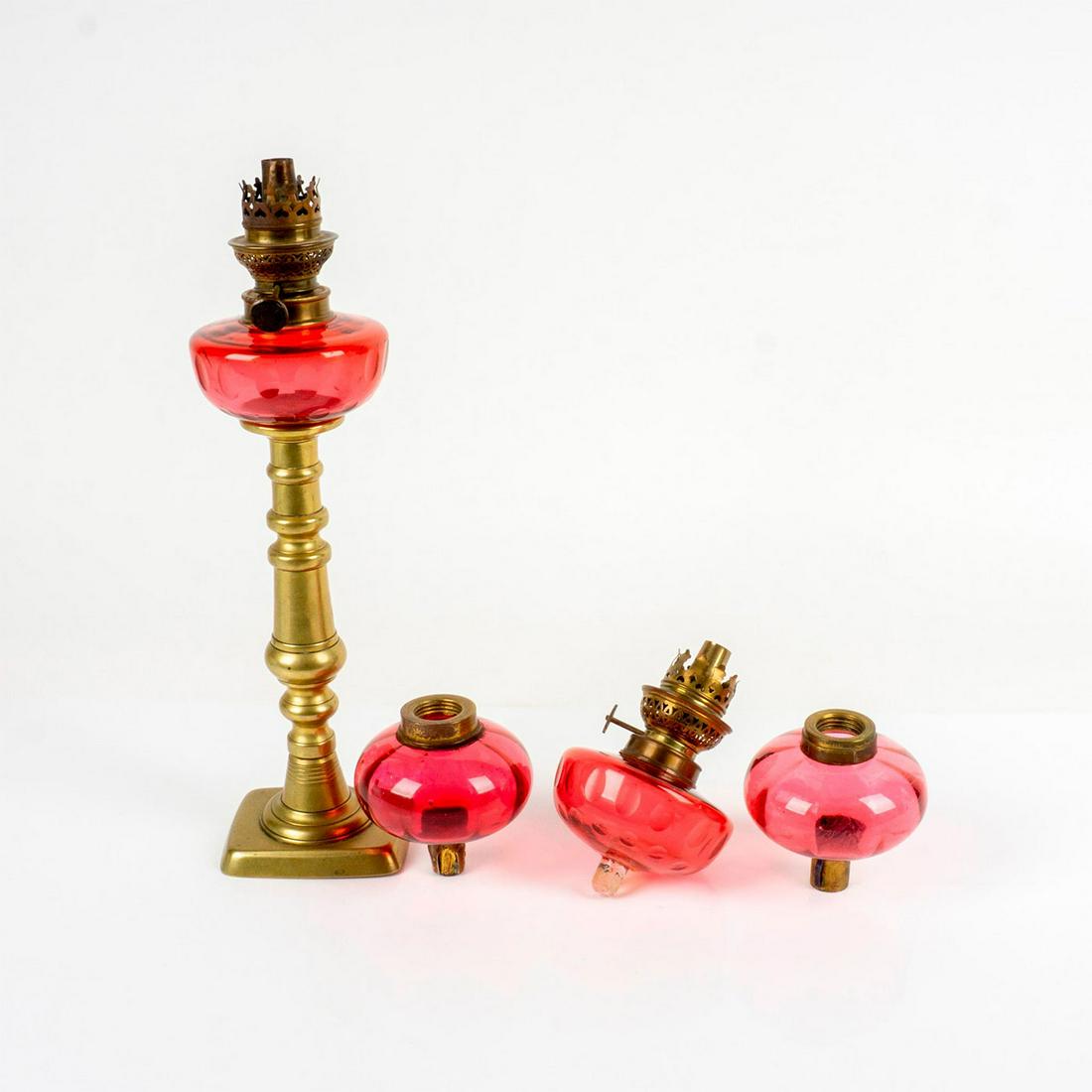 4pc Antique Cranberry Art Glass Peg Oil Lamps (1 of 3)