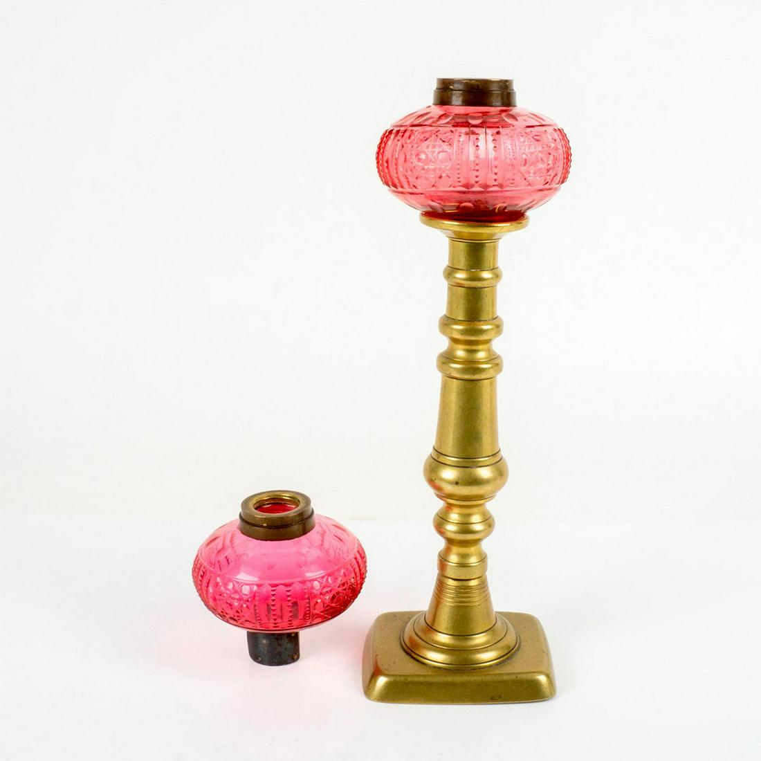 Pair of Antique Cranberry Art Glass Peg Oil Lamp Parts (1 of 3)
