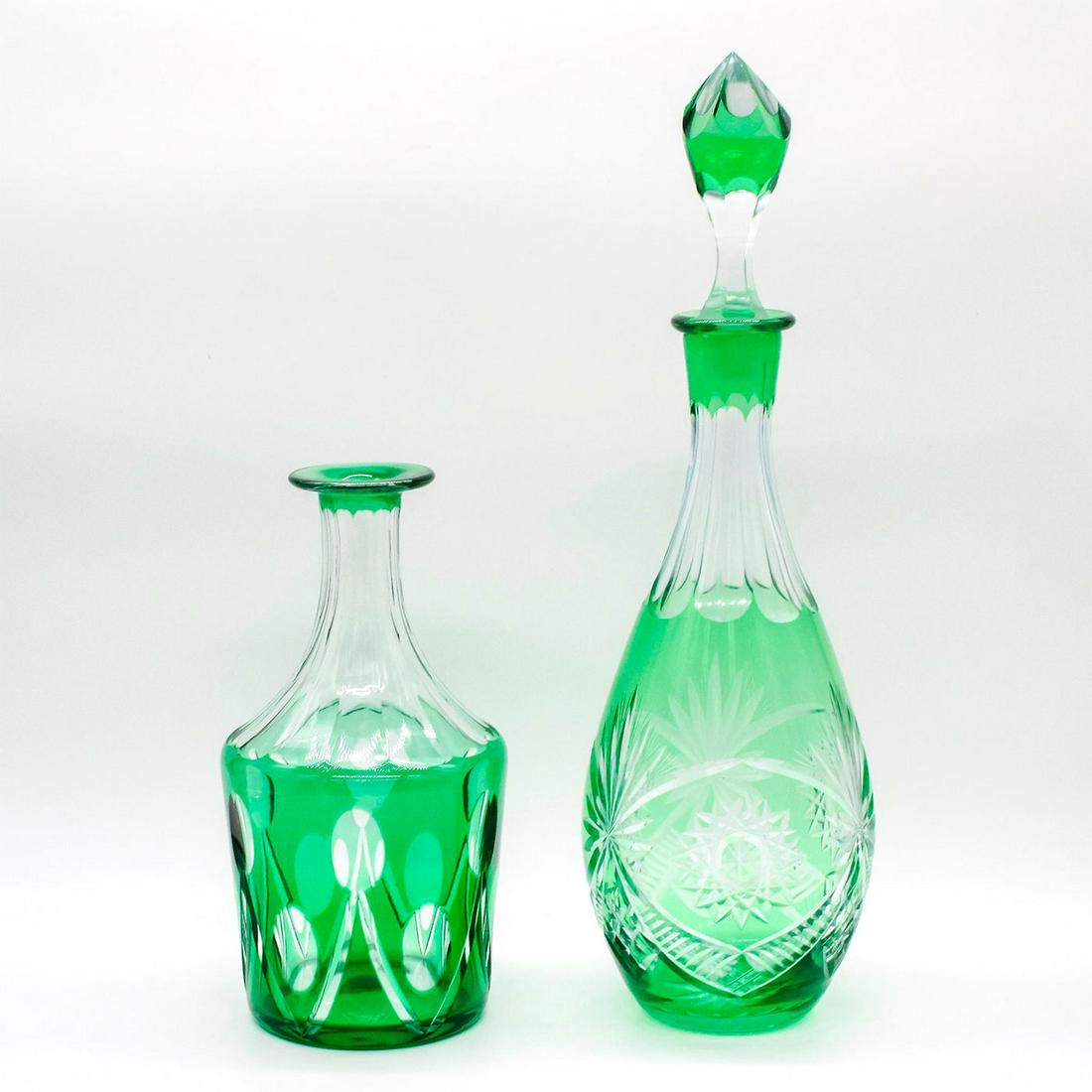 2pc Vintage Emerald Green Bohemian Glass Decanters (1 of 2)