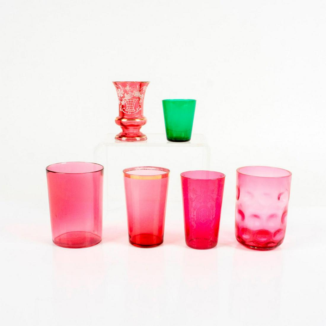 6pc Grouping of Vintage Cranberry & Emerald Green Glass Cups (1 of 3)