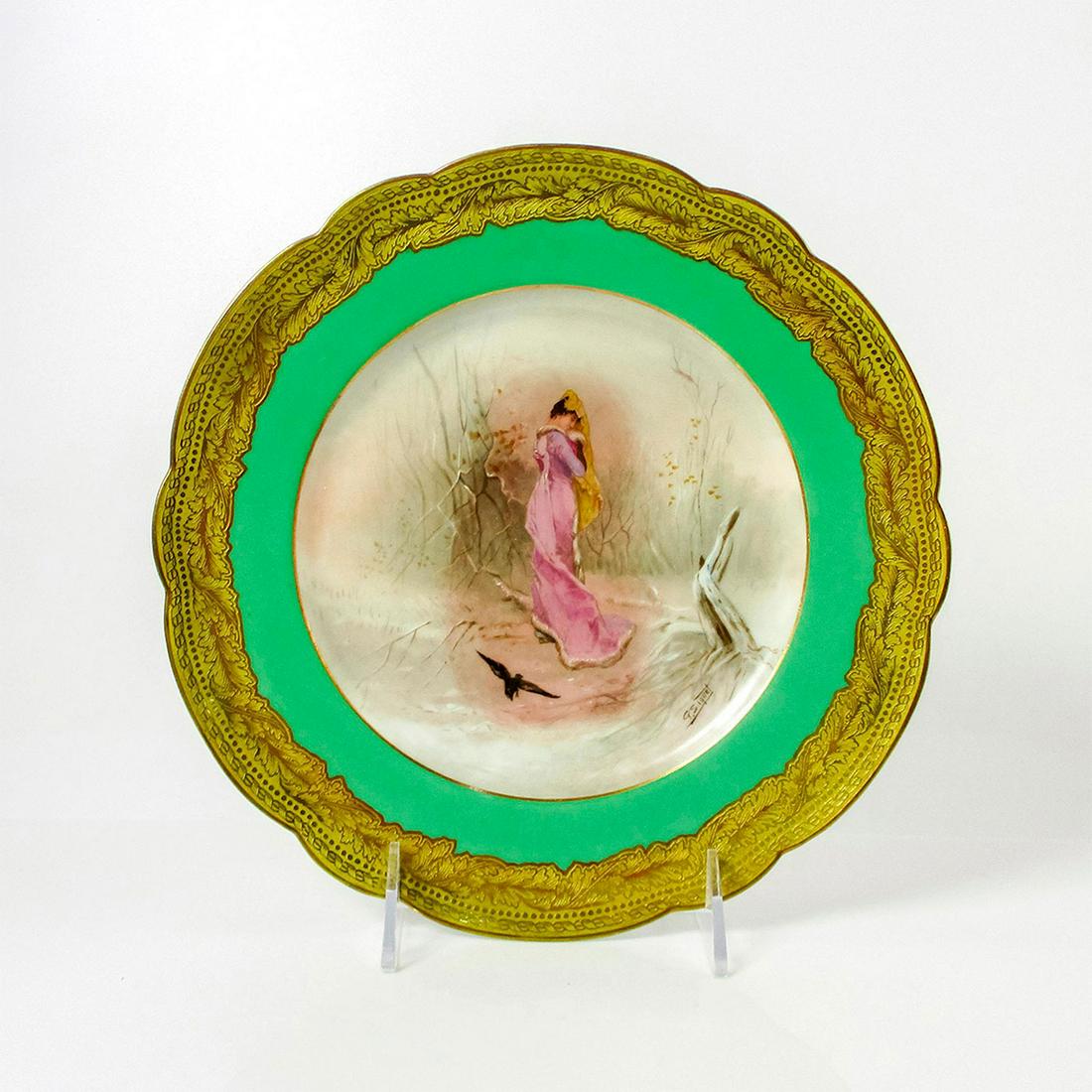 Antique Limoges France Porcelain Collectors Plate: Titled December. Depicting a Victorian era lady walking in a forest. Painted by G. Saquet. Delicate gilded rim. Delinieres and Co. Limoges backstamp that was used from 1894 to 1900. Dimensions: 1" H x